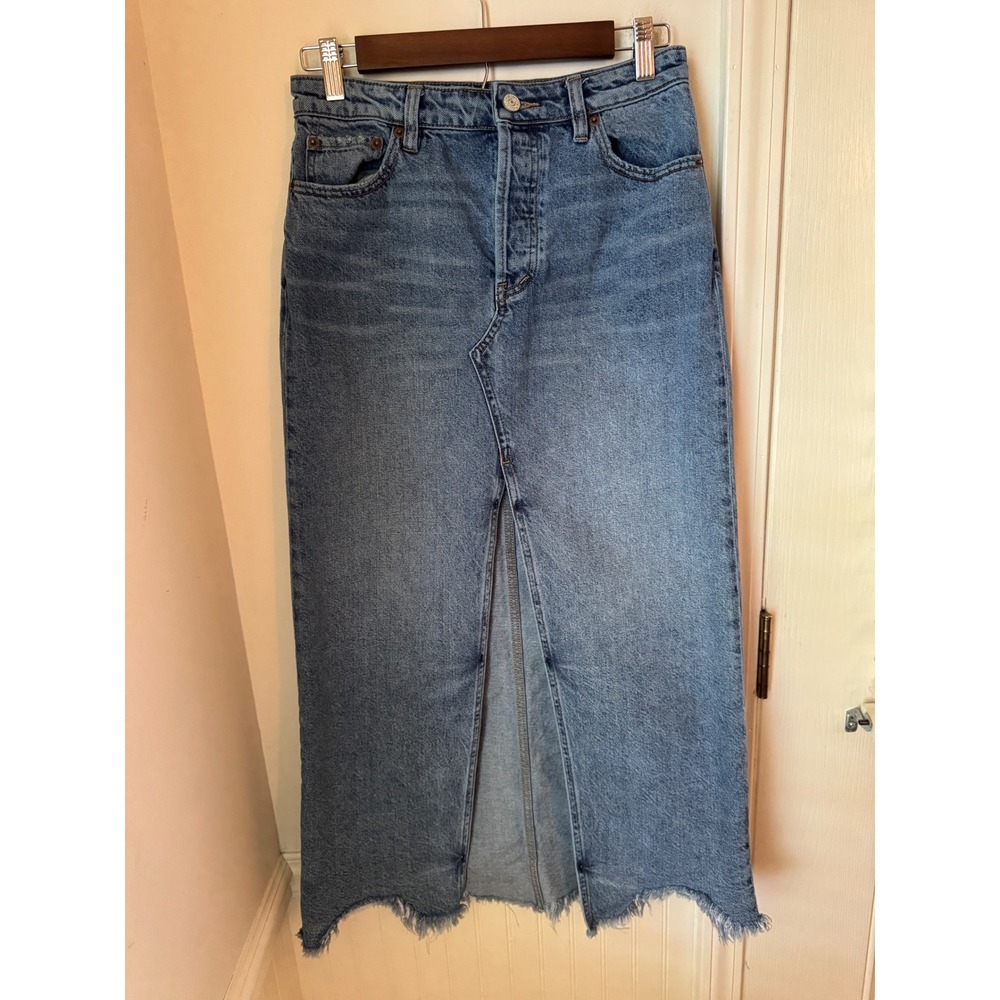 We The Free Free People Denim Maxi Skirt Blue Front Slit Frayed Hem 27 OB971689